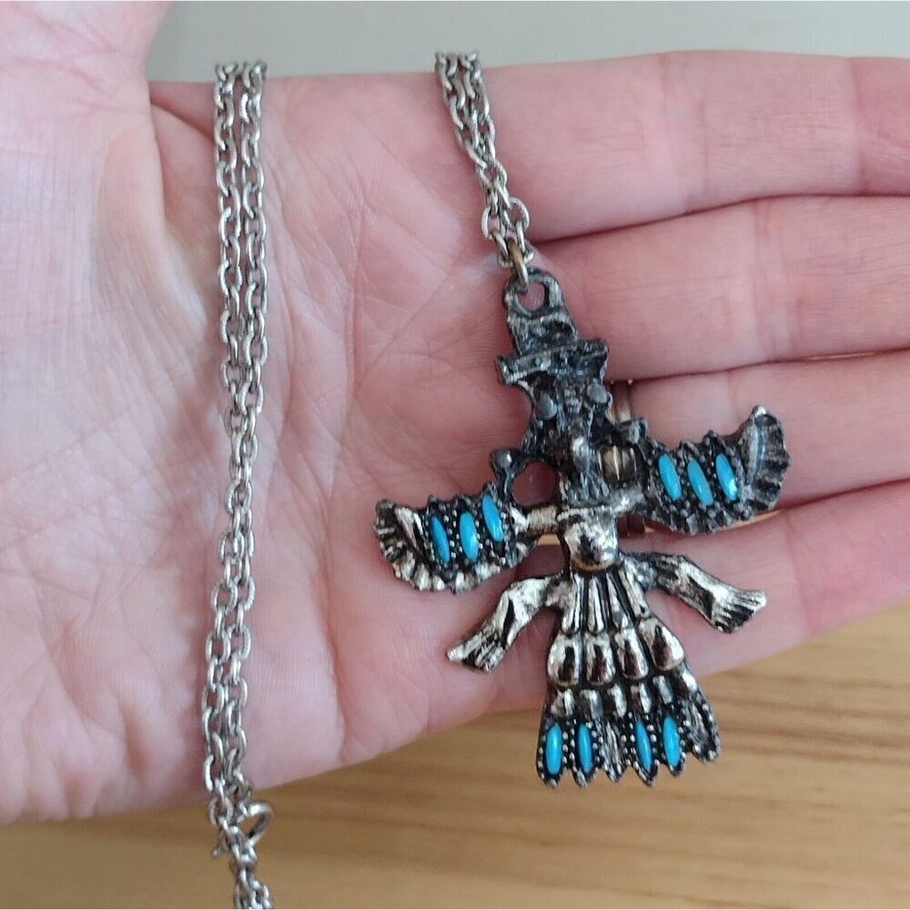 Vintage Kachina Thunderbird Pendant Necklace Faux Turquoise Native American